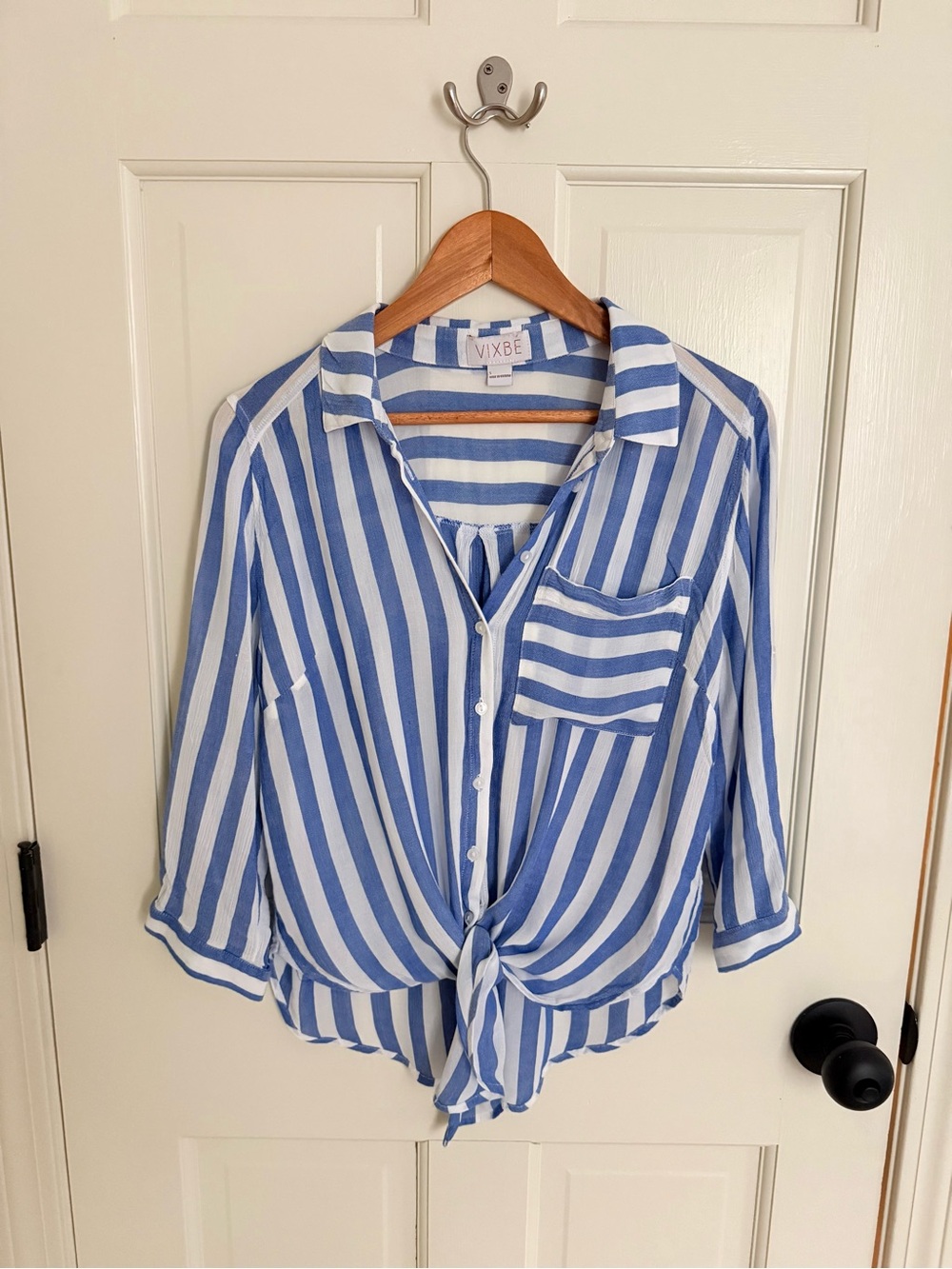 Vixbe Tie-Front Button-Up Shirt- Blue&White